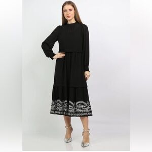 Nichii Tiered Black Chiffon Dress with Embroidered Hem  Small